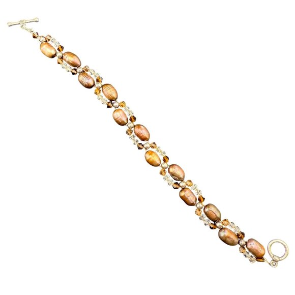 Freshwater Pearl & Crystal Double-Strand Toggle Bracelet With Metallic & Amber T - Picture 1 of 7